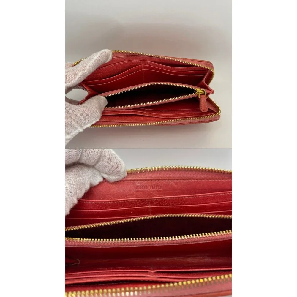Authentic MIU MIU Logo Gather Leather Zip Around Long Wallet Pink/111